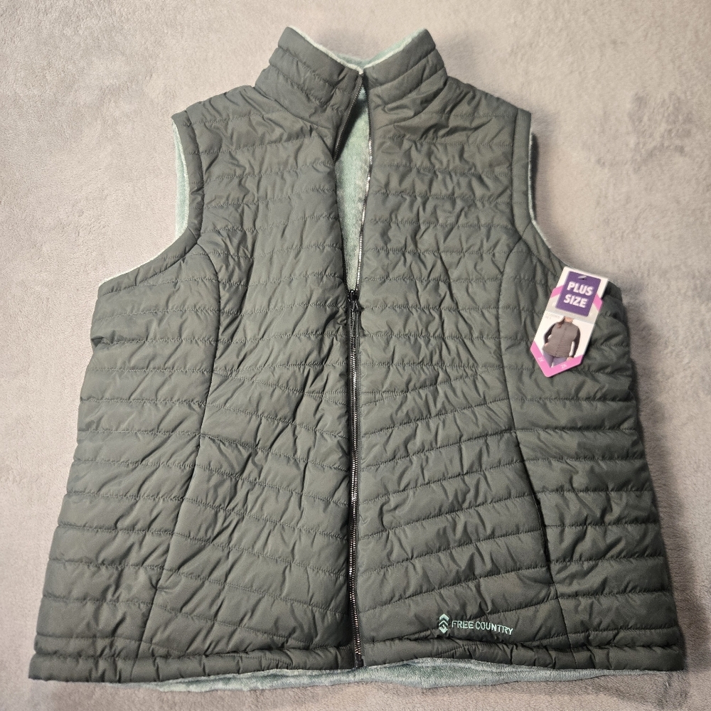 XXL Puffy Vest Women's Reversible Seafoam / Army Green Pockets Zip Up Plus Size